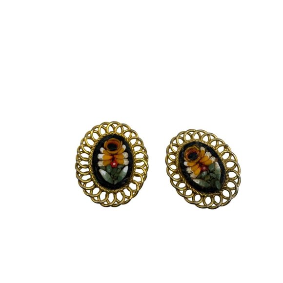 Vintage Oval Micro Mosaic Clip-On Earrings With Gold-Tone Filigree Frame And Flo - Picture 1 of 6